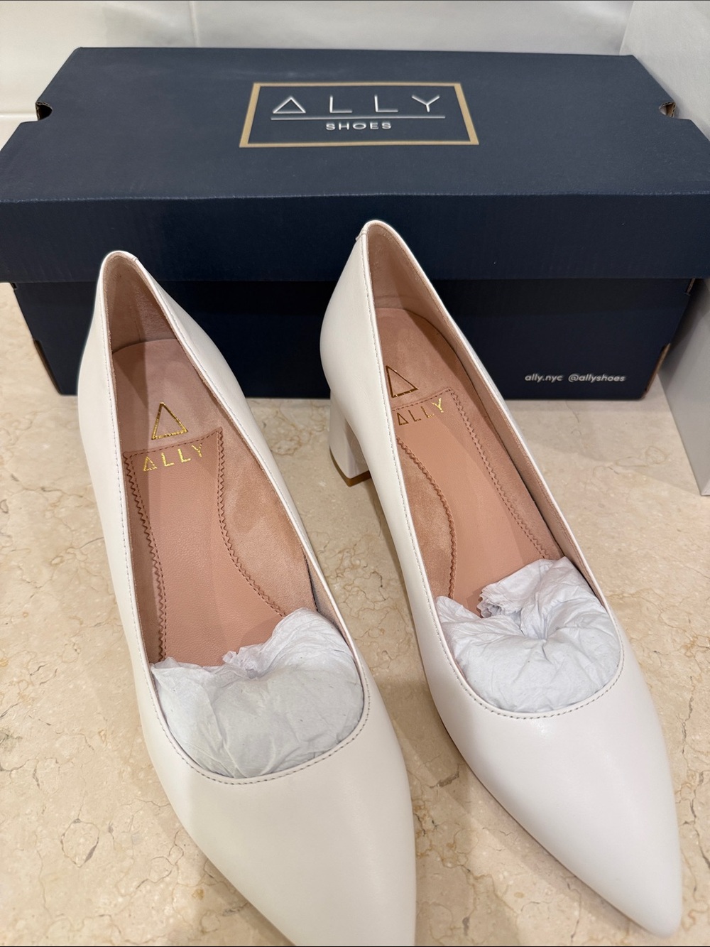 ALLY White Pointed Low Block Heel Pumps for Women